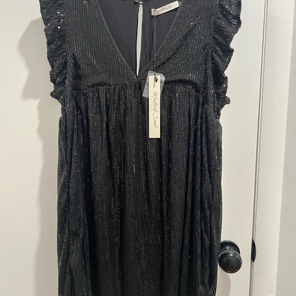 NWT Mustard Seed Babydoll Black Sequin Mini Dress